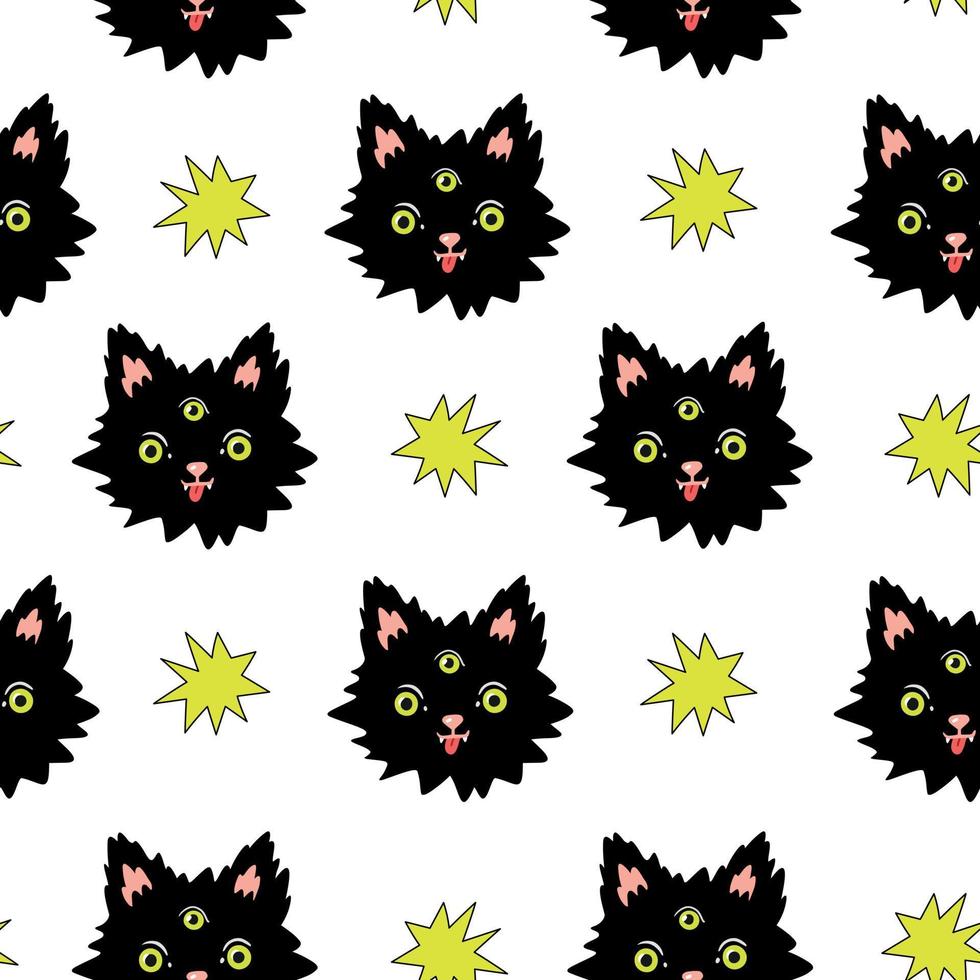dekoratives psychedelisches nahtloses Muster mit trippiger magischer Katze des dritten Auges. hintergrund für verrückte und funky party vektor