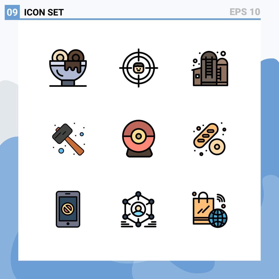 Gruppe von 9 gefüllten flachen Farbzeichen und Symbolen für Smash-Mallet-Forschung Knock-Grain-editierbare Vektordesign-Elemente vektor