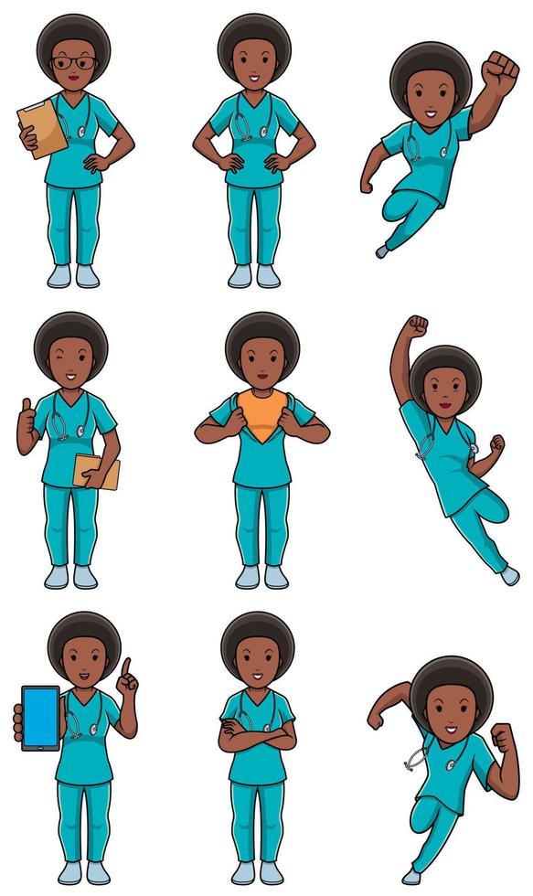 Krankenschwester afrikanischen weiblichen Satz vektor