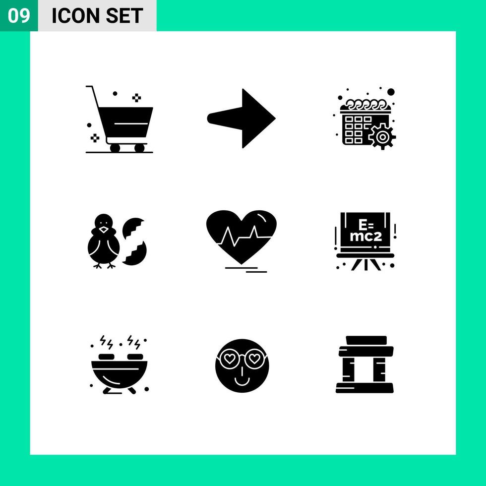 uppsättning av 9 kommersiell fast glyfer packa för hjärtslag ecg schema Lycklig påsk redigerbar vektor design element