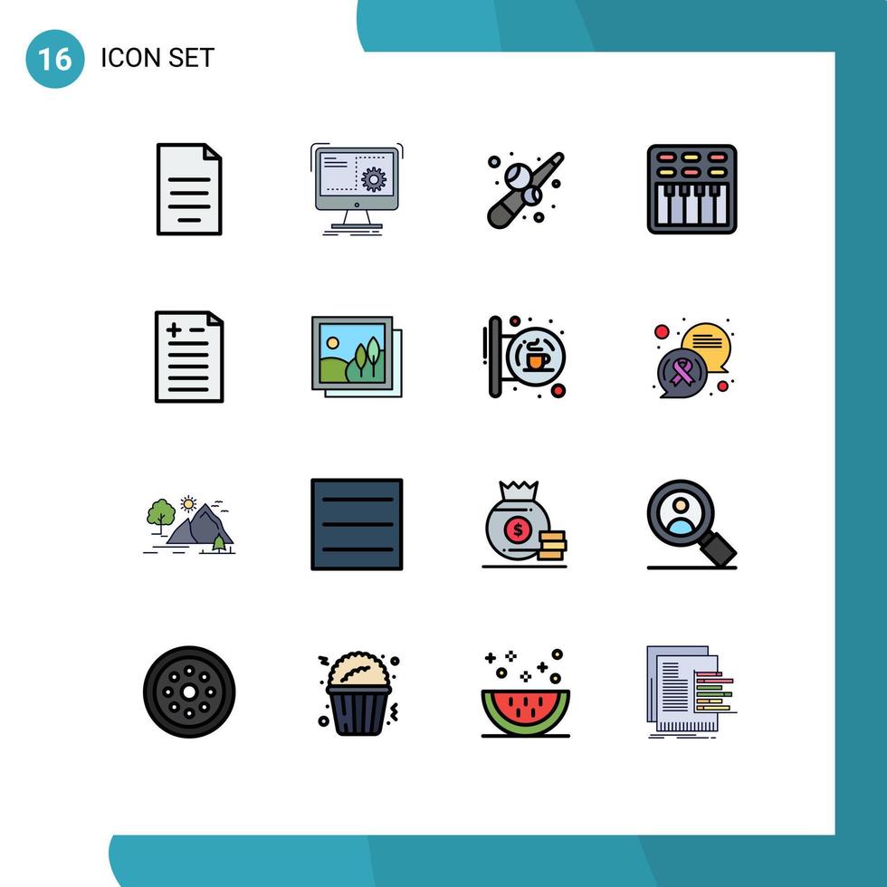 Piktogrammsatz aus 16 einfachen, flachen, farbgefüllten Linien von Soundfilmprozess-Kinospiel editierbaren kreativen Vektordesign-Elementen vektor