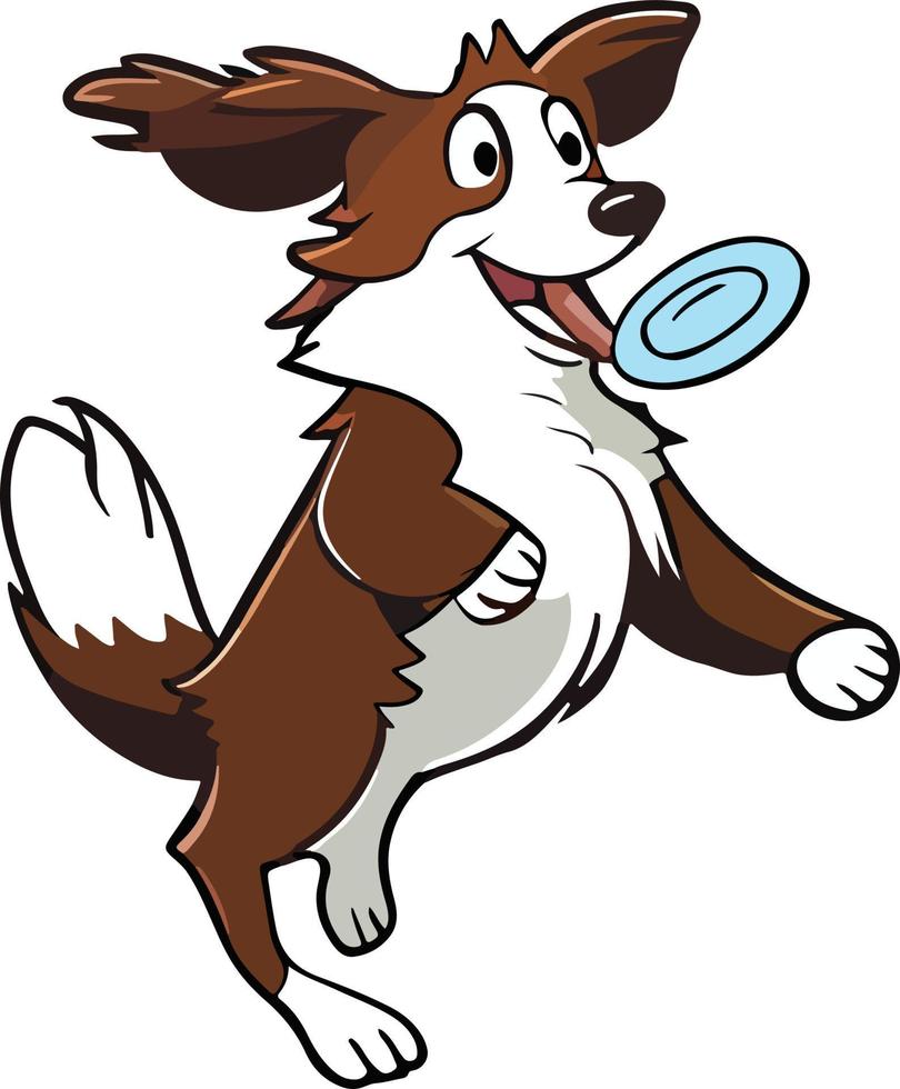 glücklicher hund, der frisbee-illustrationskarikaturart spielt vektor