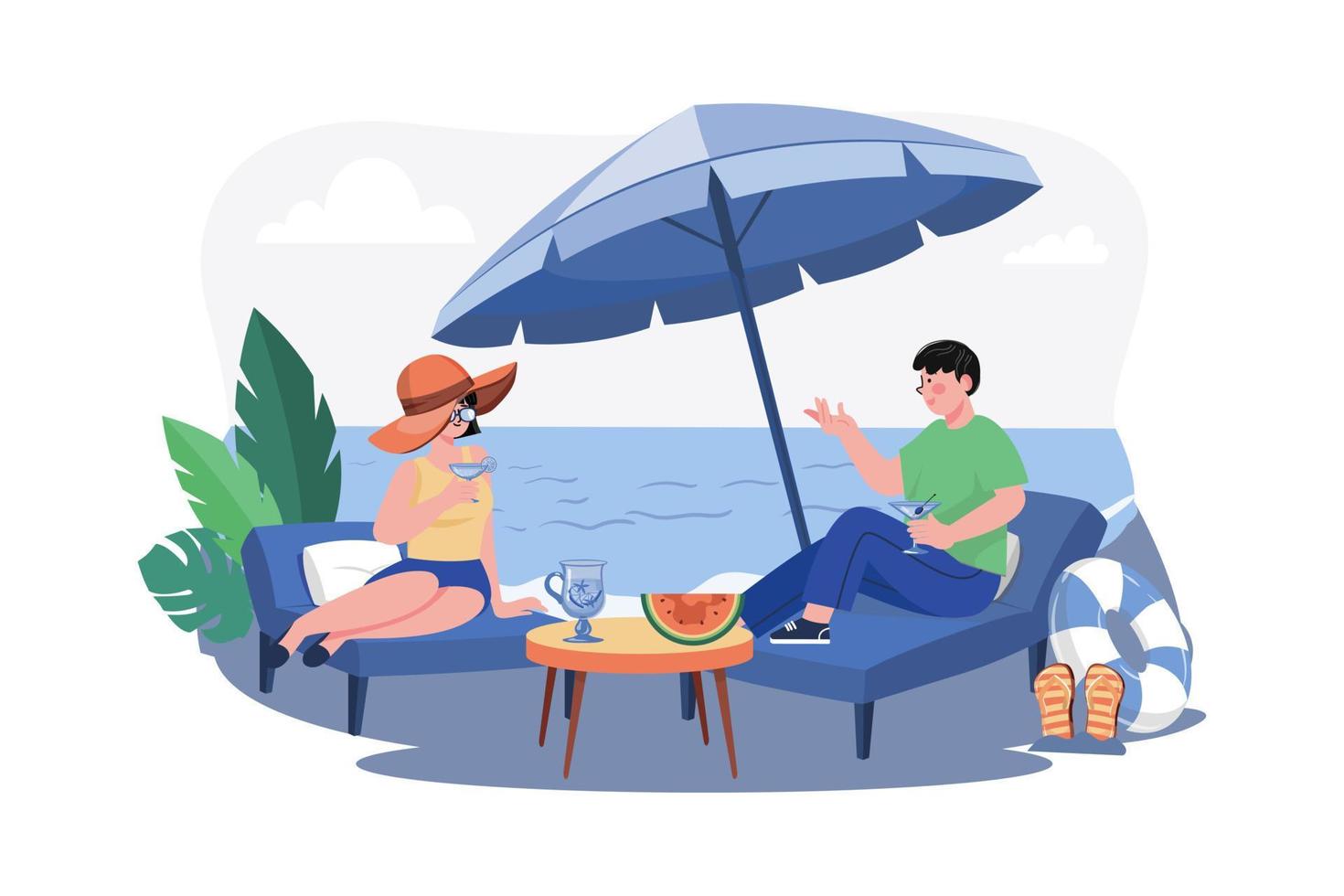 man och kvinna liggande på strand vardagsrum och dricka cocktail vektor
