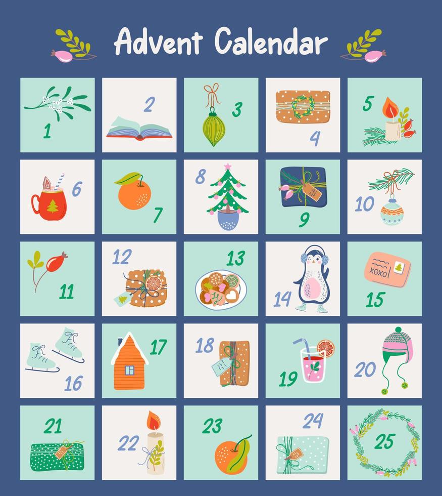 jul första advent kalender med söt hand dragen element. xmas affisch med Semester symboler. 25 nedräkning kort. vektor illustration.