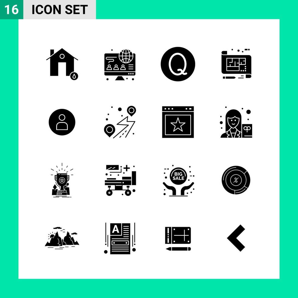 Packung mit 16 soliden Stil-Icon-Sets. Glyphensymbole für den Druck. kreative zeichen lokalisiert auf weißem hintergrund. 16 Symbolsatz. vektor