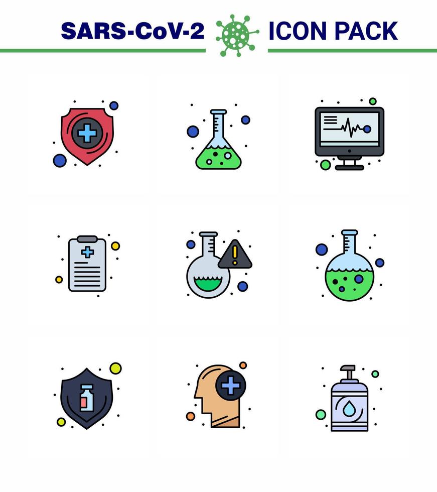 neuartiges coronavirus 2019ncov 9 gefüllte linie flache farbe symbolpaket viruslabor medizinische elektronik flasche patientenkarte virale coronavirus 2019nov krankheit vektordesignelemente vektor