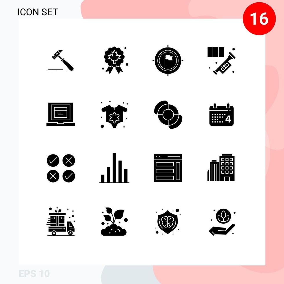 Gruppe von 16 modernen soliden Glyphen, die für bearbeitbare Vektordesign-Elemente in Musikhornqualität Messingfahne gesetzt werden vektor
