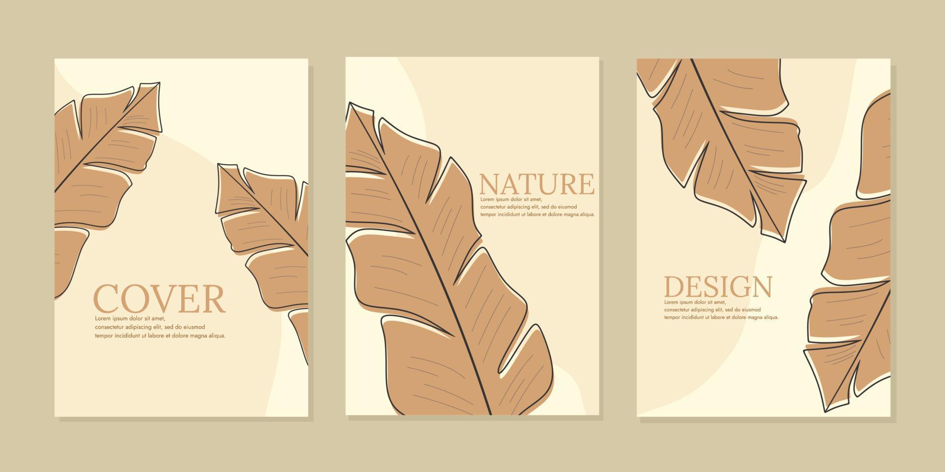 banan blad estetisk boho omslag design uppsättning. botanisk tema brun Färg bakgrund. a4 för anteckningsböcker, planerare, broschyrer, böcker, kataloger vektor
