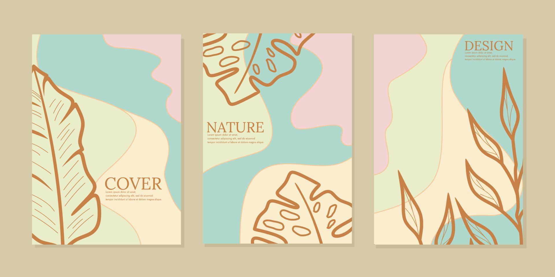 abstrakter botanischer Linienkunst-Bucheinband-Designsatz. Pastellfarbener Hintergrund. A4-Format für Schulbücher, Kataloge, Planer, Zeitschriften, Flyer, Poster vektor