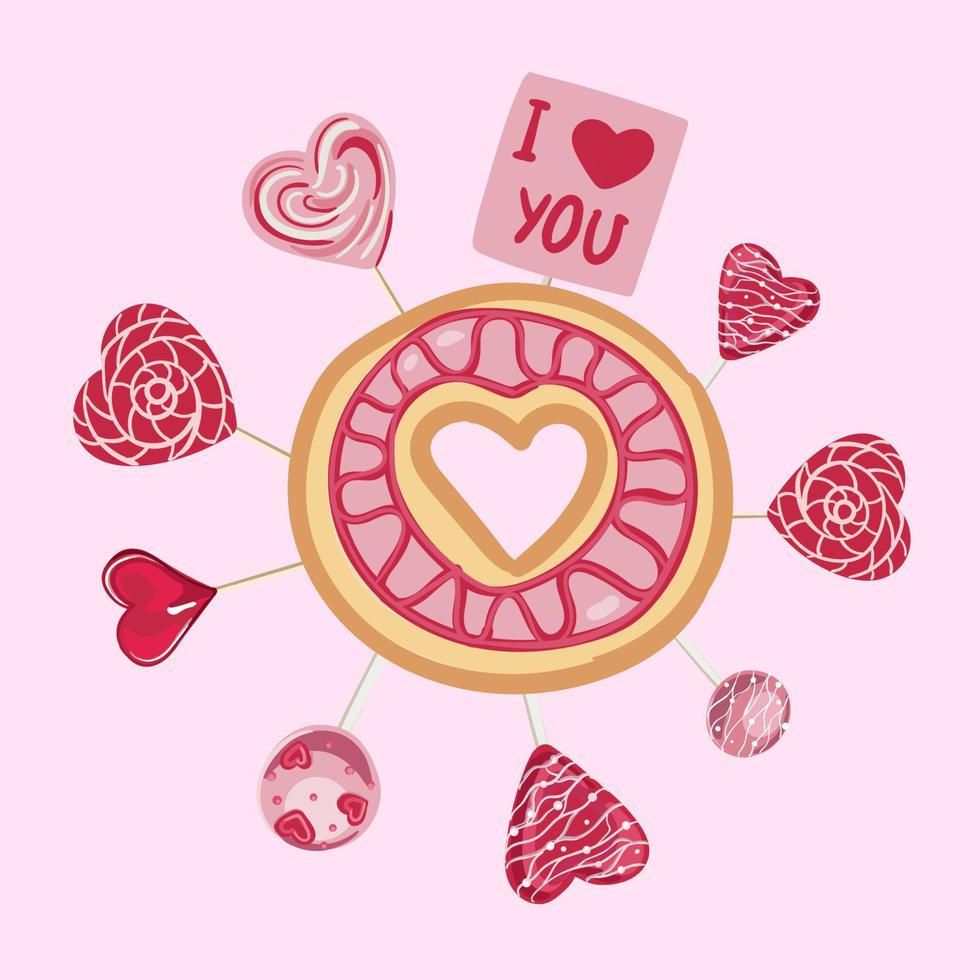 valentinstag dekoratives element. Kekse mit Süßigkeiten in Form eines Herzens. dekorative gegenstände für muttertag, valentinstag, frauentag und valentinstag. Cartoon-Stil, Vektorillustration. vektor
