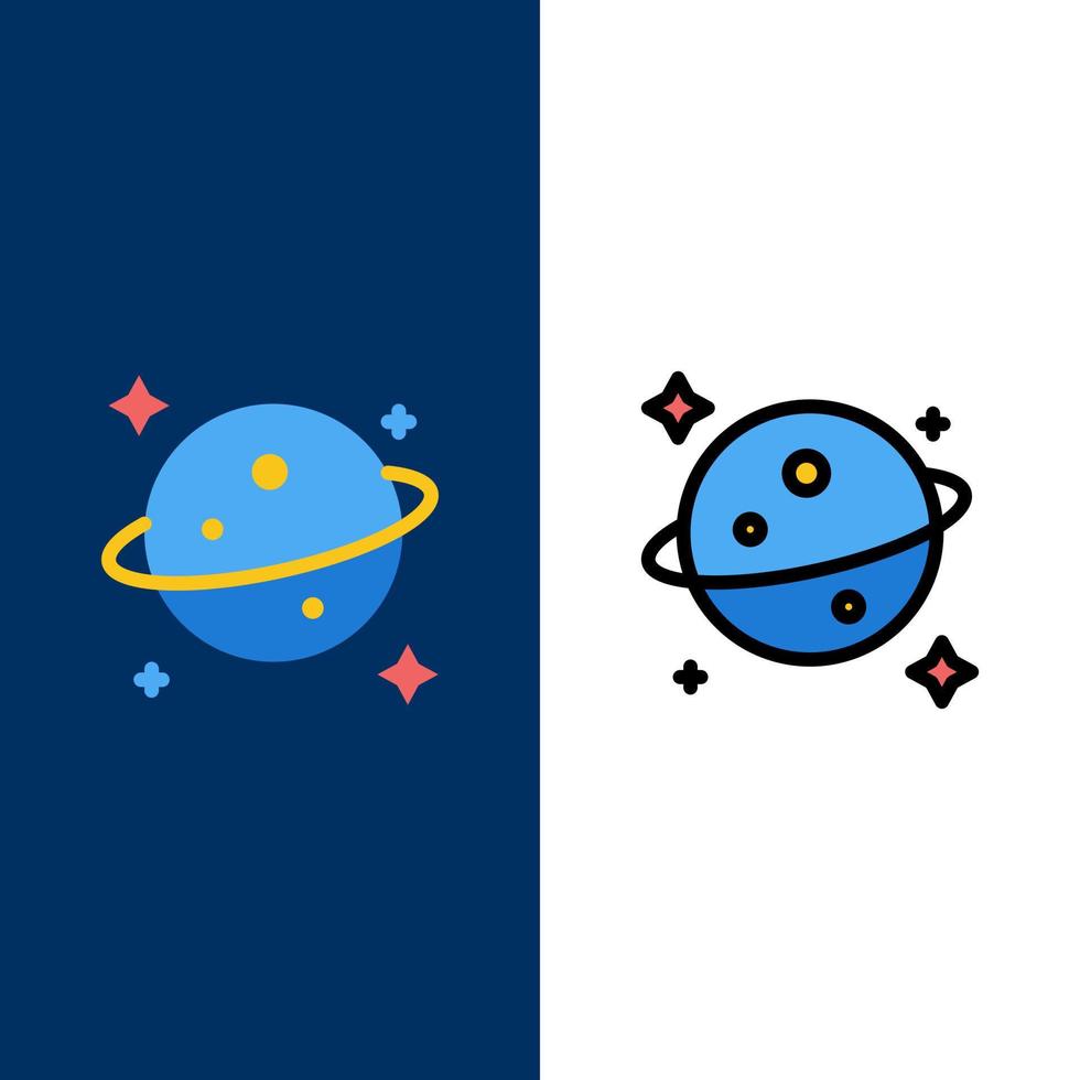 planet saturn weltraum symbole flach und linie gefüllt symbol set vektor blauen hintergrund