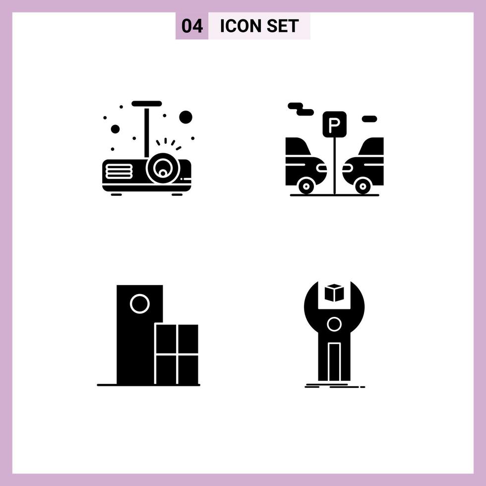 Stock Vector Icon Pack mit 4 Zeilen Zeichen und Symbolen für Beamer Uhr Licht Parkhaus editierbare Vektordesign-Elemente