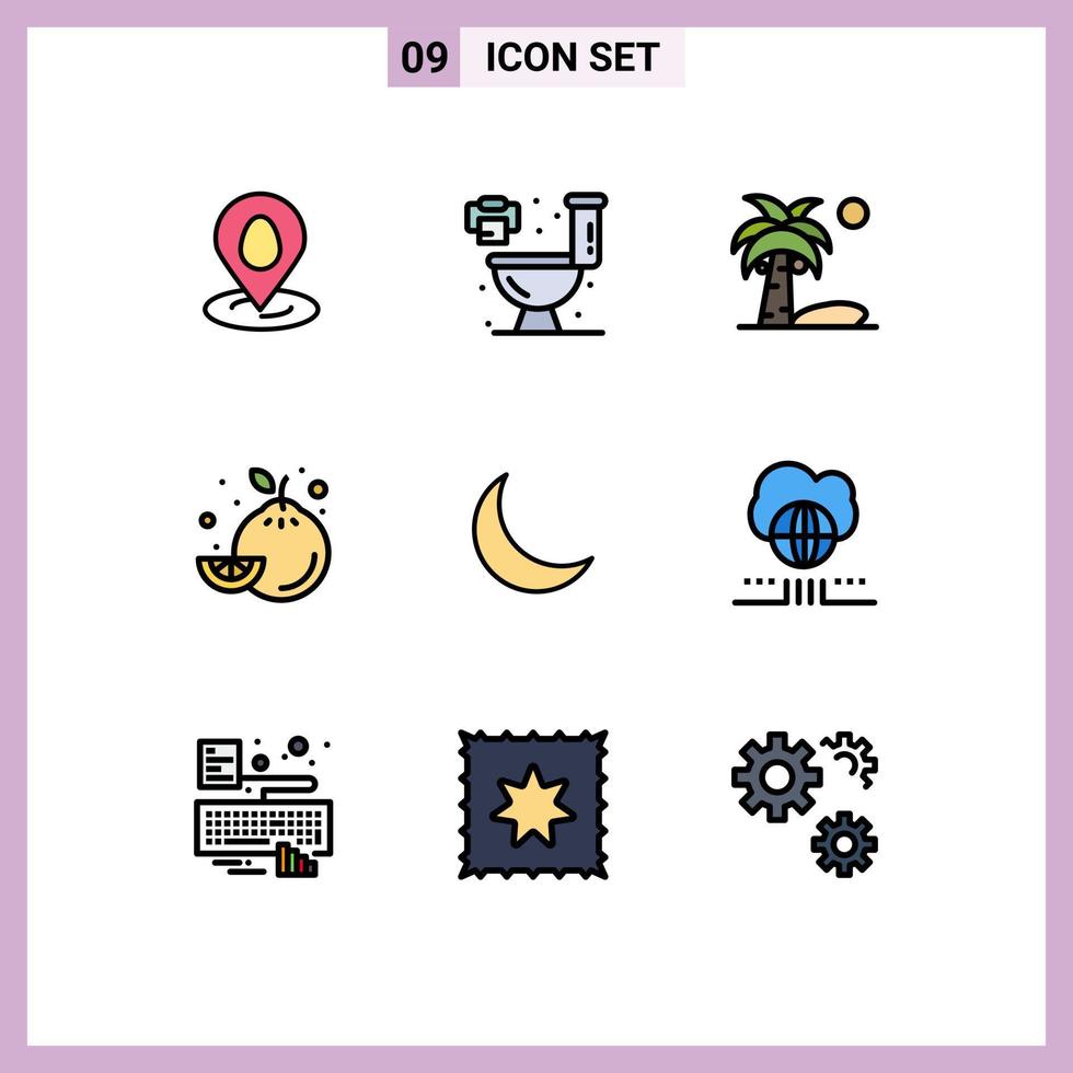 uppsättning av 9 modern ui ikoner symboler tecken för naturlig natt kokos måne frukt redigerbar vektor design element