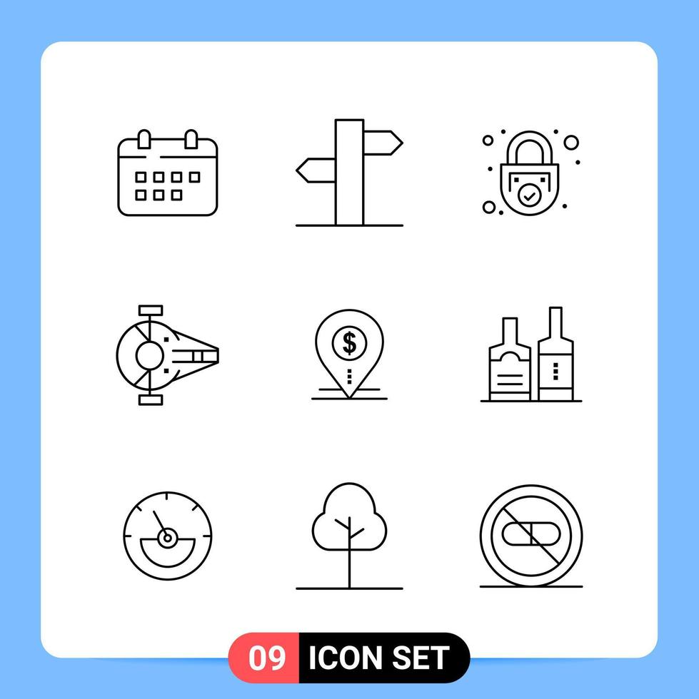 9-zeilige schwarze Icon-Pack-Umrisssymbole für mobile Apps isoliert auf weißem Hintergrund. 9 Symbole gesetzt. vektor