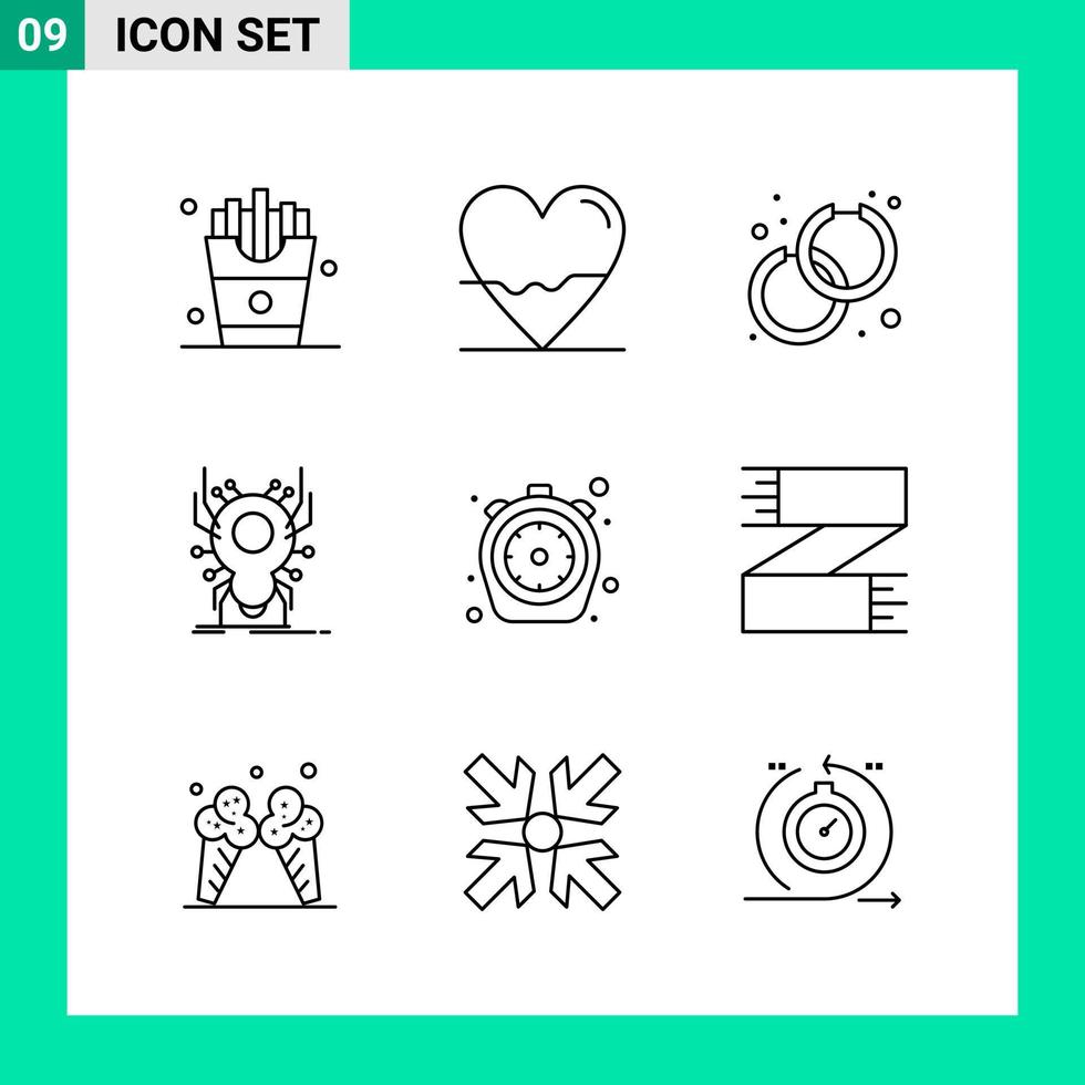 Packung mit 9 Linienstil-Icon-Sets. Gliederungssymbole für den Druck. kreative zeichen lokalisiert auf weißem hintergrund. 9 Symbolsatz. vektor