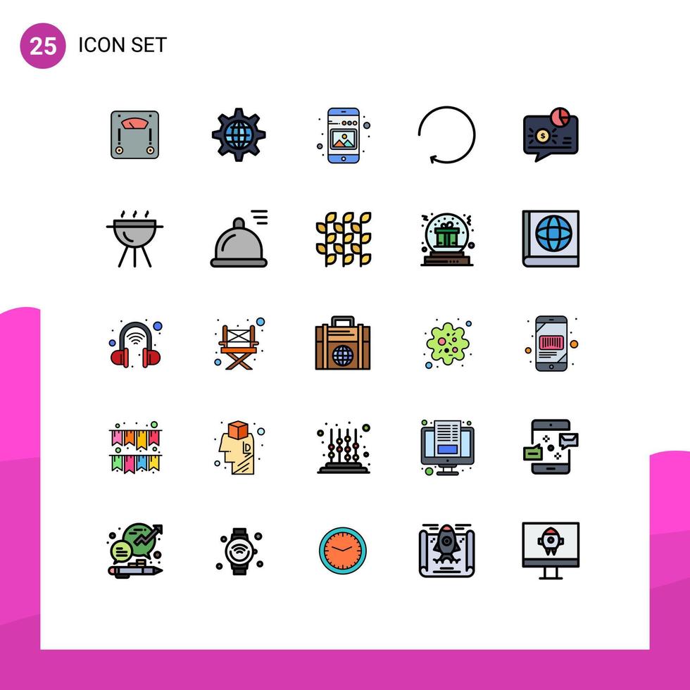 mobil gränssnitt fylld linje platt Färg uppsättning av 25 piktogram av bank medurs miljö pil telefon redigerbar vektor design element