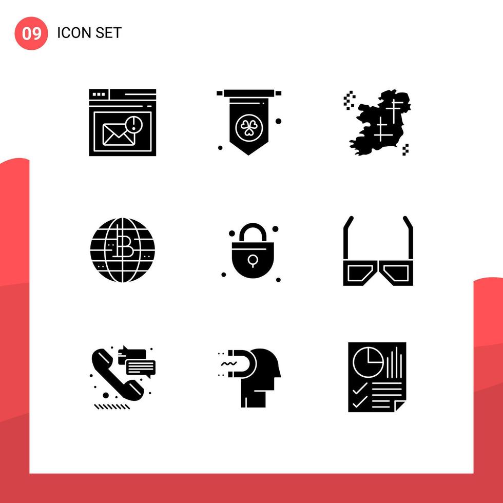 Packung mit 9 modernen Solid-Glyphen-Zeichen und -Symbolen für Web-Printmedien, wie z vektor
