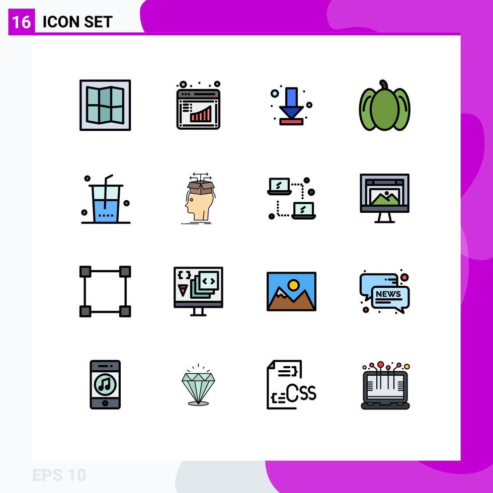 16 thematische Vektor-Flachfarben gefüllte Linien und editierbare Symbole von Data Shop Down Food Gemüse editierbare kreative Vektordesign-Elemente vektor