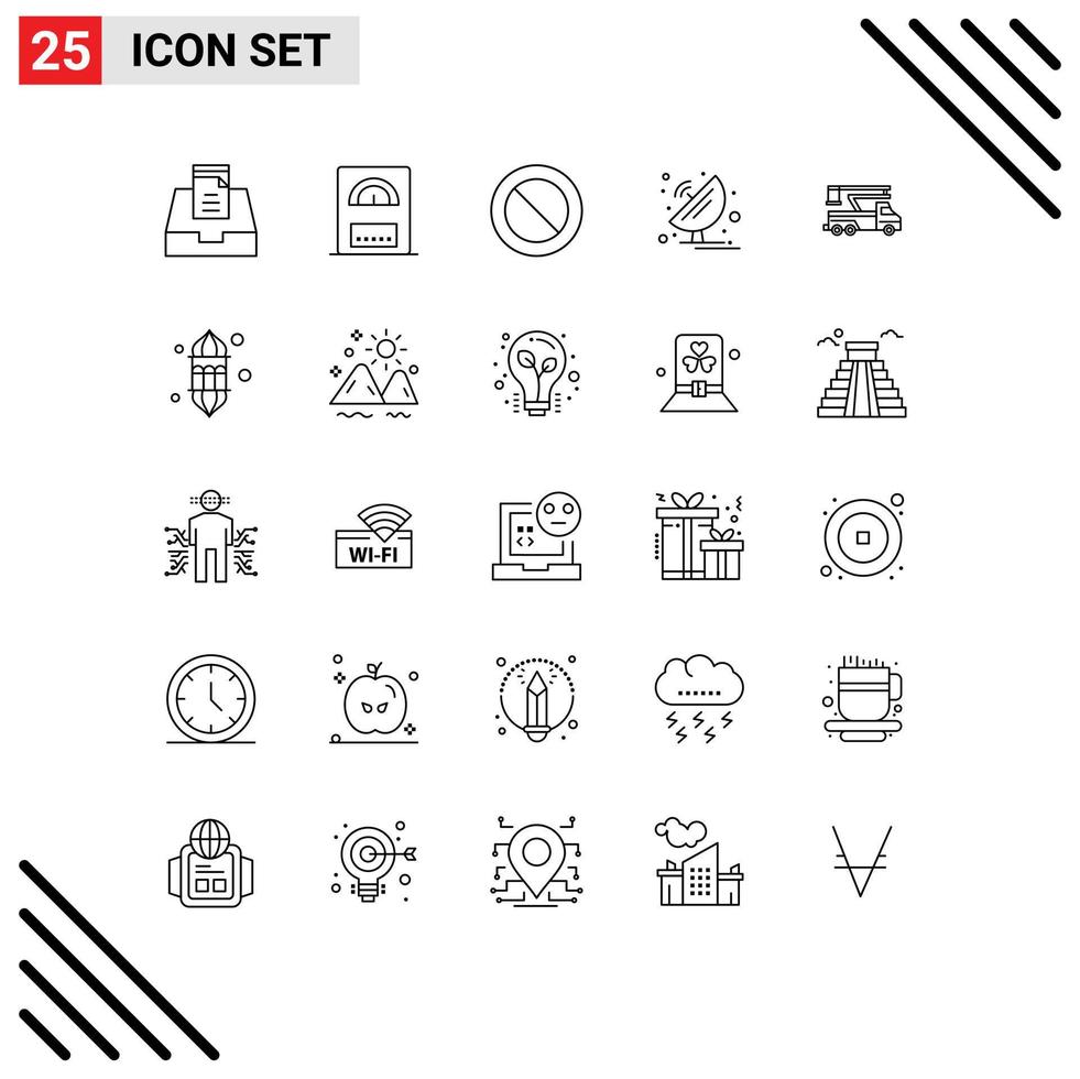 Stock Vector Icon Pack mit 25 Linienzeichen und Symbolen für Hubwagen Set Kran Satellitenschüssel editierbare Vektordesign-Elemente