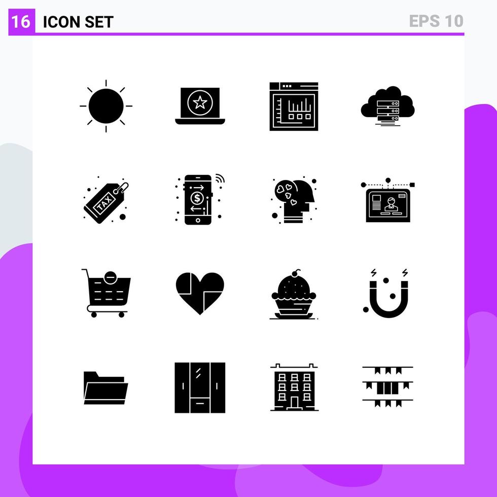 moderner Satz von 16 soliden Glyphen und Symbolen wie Flow Computing Star Storage statische editierbare Vektordesign-Elemente vektor