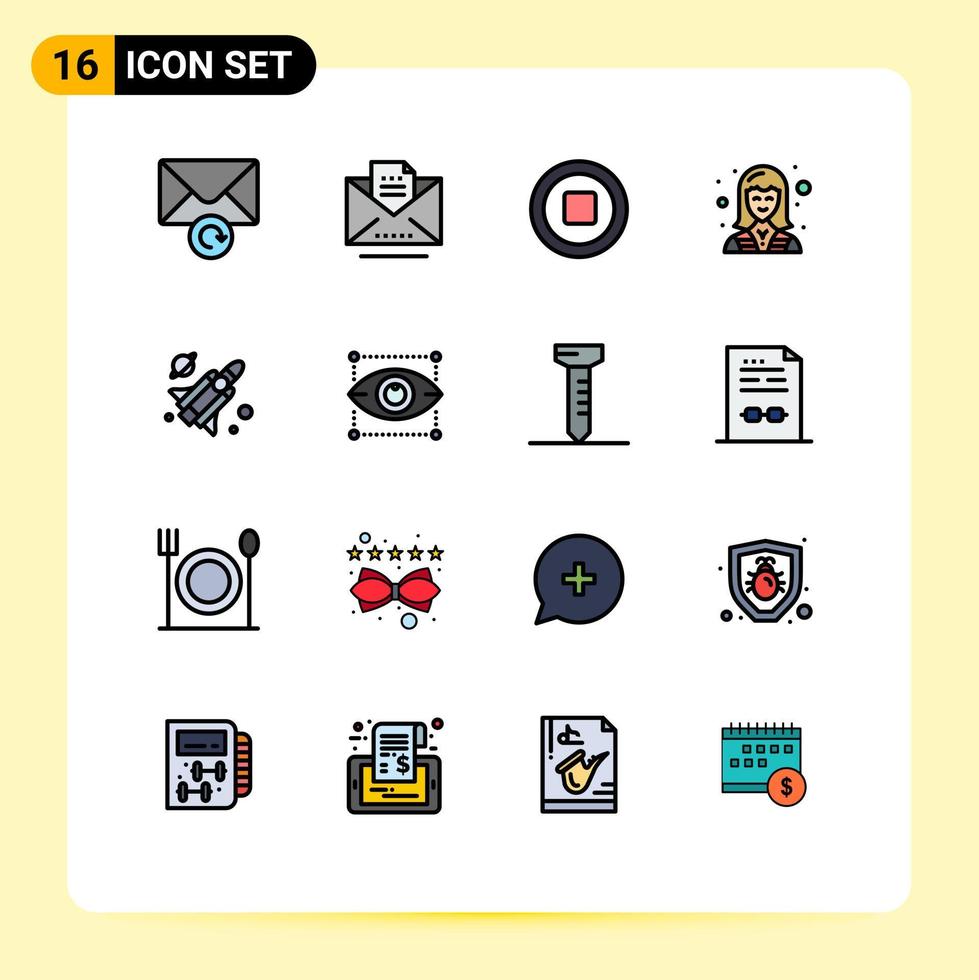 grupp av 16 modern platt Färg fylld rader uppsättning för vetenskap flyga multimedia arbetstagare kvinna redigerbar kreativ vektor design element