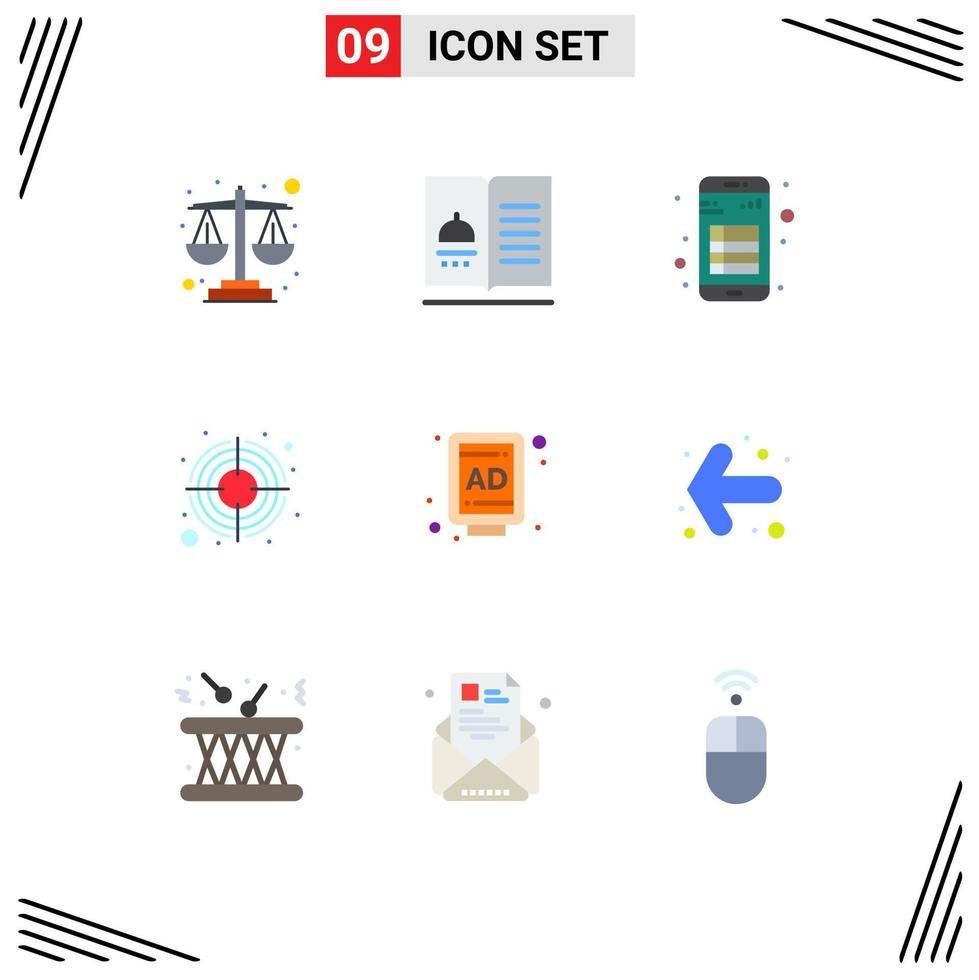 grupp av 9 platt färger tecken och symboler för ad mål app pil läsning redigerbar vektor design element