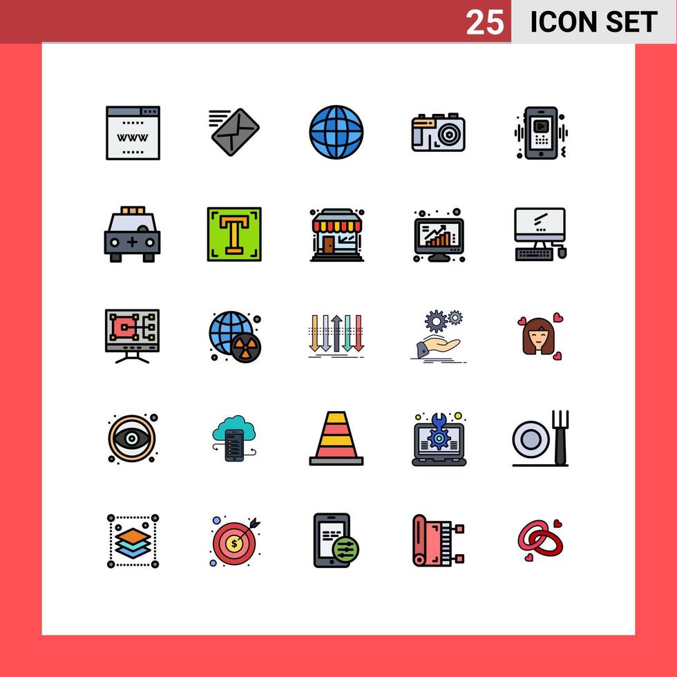 användare gränssnitt packa av 25 grundläggande fylld linje platt färger av video telefon global Foto kamera redigerbar vektor design element
