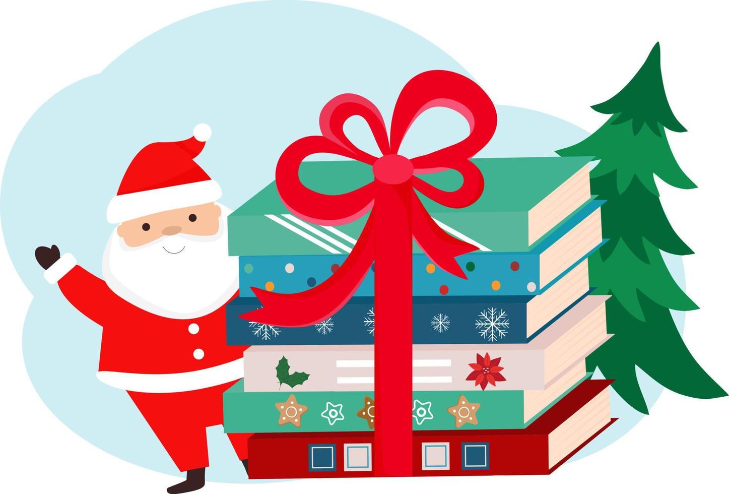 santa claus är stående nära de stack av böcker. jul böcker. bok försäljning. vektor illustration för bok affär, Lagra, bibliotek.