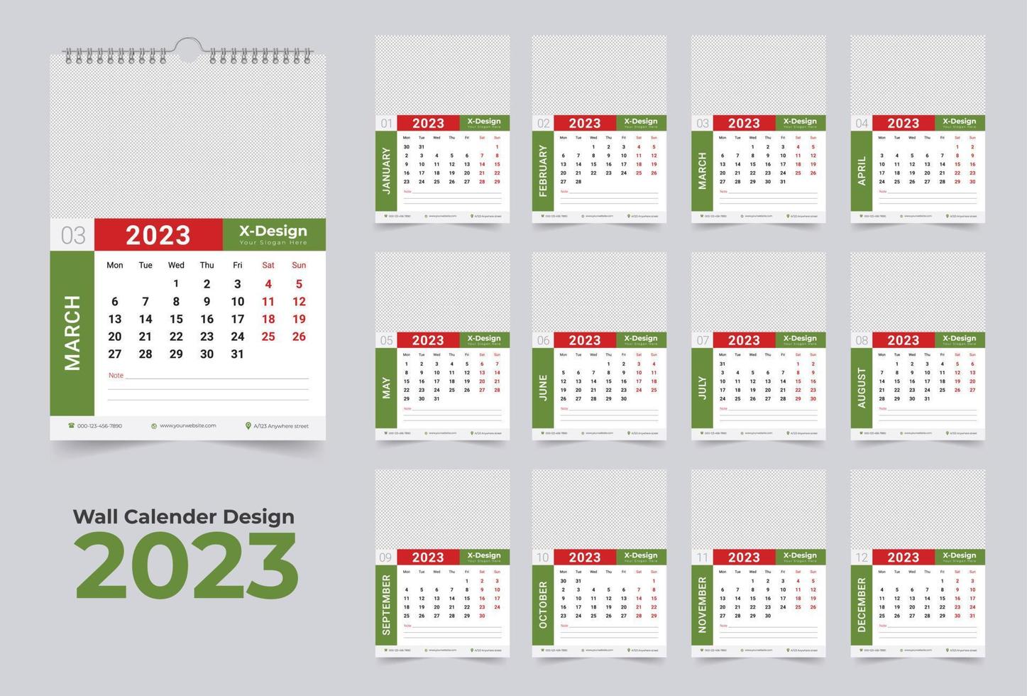 2023 kalender mall, en gång i månaden vägg kalender, Lycklig ny år vägg kalender vektor