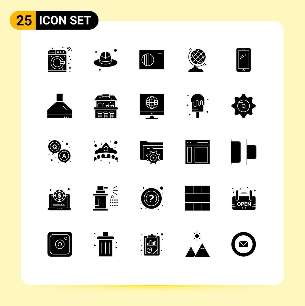 25 thematische Vektor-Solid-Glyphen und editierbare Symbole von editierbaren Vektordesign-Elementen für Samsung Mobile Conditioner Smartphone Globus vektor