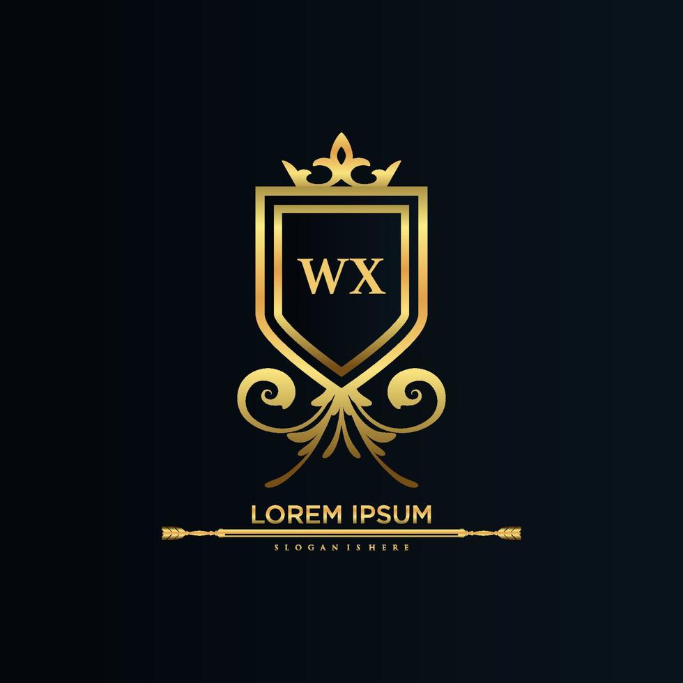 wx brev första med kunglig mall.elegant med krona logotyp vektor, kreativ text logotyp vektor illustration.