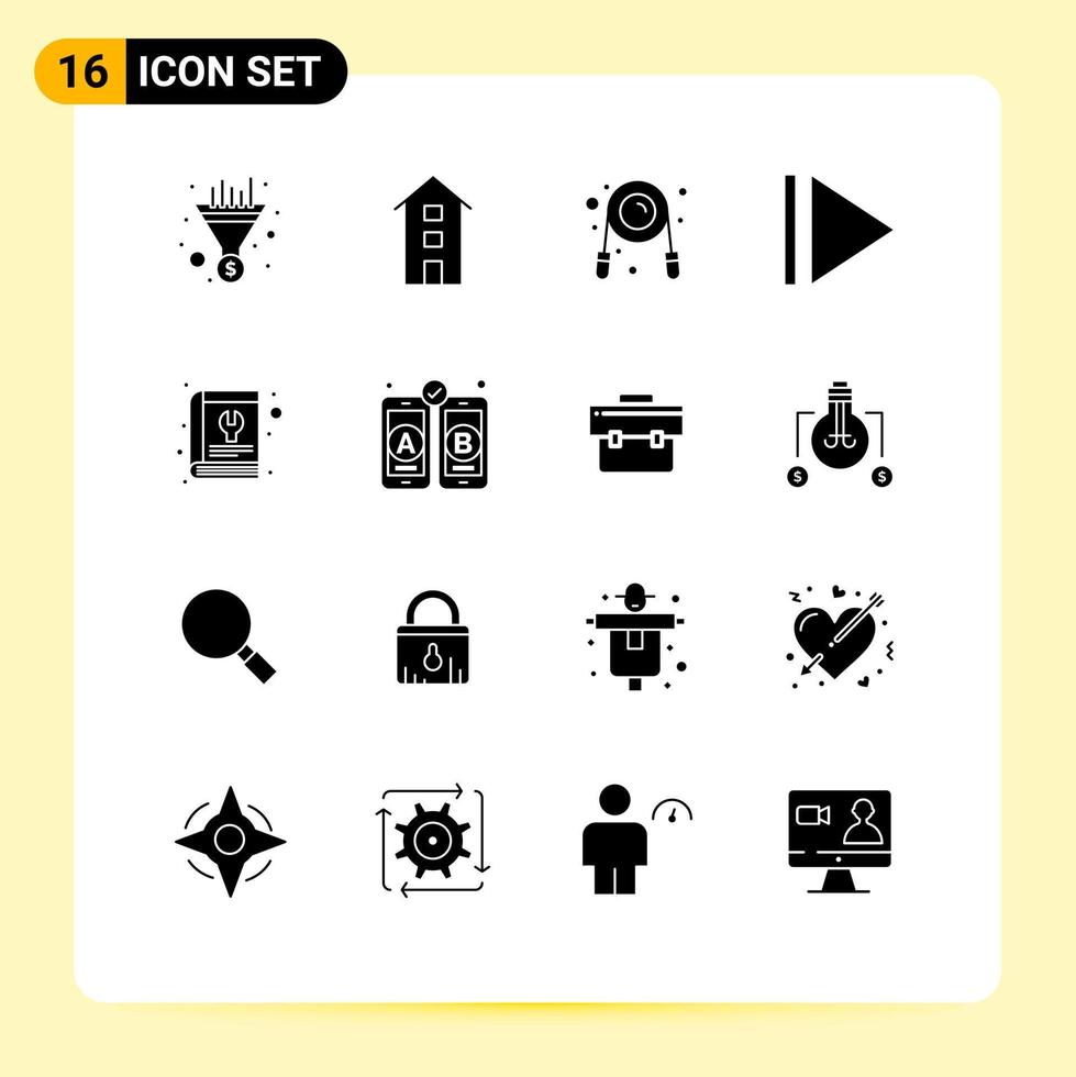modern uppsättning av 16 fast glyfer pictograph av service manuell Lagra bok Gym redigerbar vektor design element
