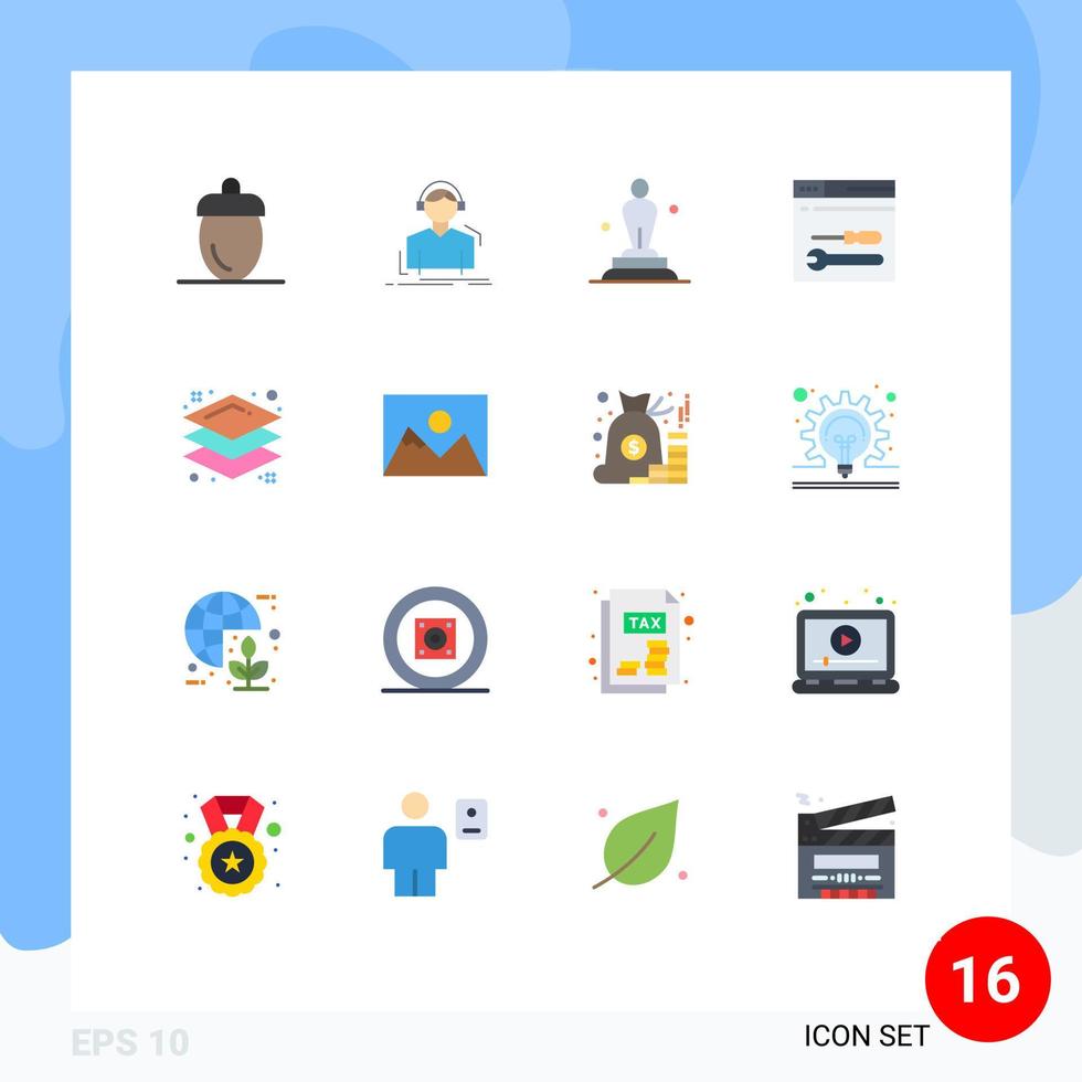 flaches Farbpaket mit 16 universellen Symbolen der Werkzeugentwicklung Meloman-Trophäe Oscar editierbares Paket kreativer Vektordesign-Elemente vektor