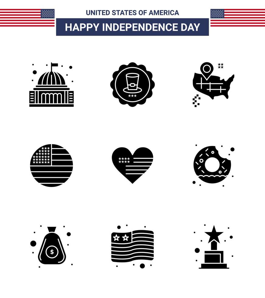 uppsättning av 9 USA dag ikoner amerikan symboler oberoende dag tecken för kärlek USA USA tacksägelse amerikan redigerbar USA dag vektor design element