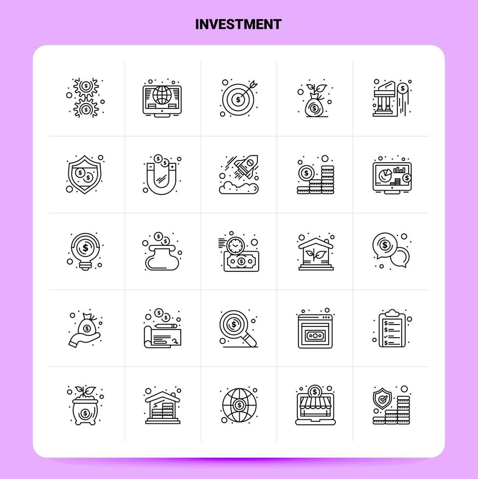 Umriss 25 Investment Icon Set Vektor Linienstil Design schwarze Icons Set lineares Piktogramm Pack Web und mobile Geschäftsideen Design Vektor Illustration