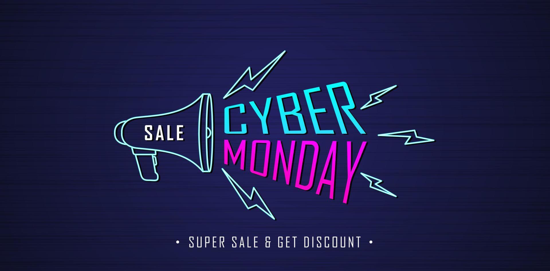 Social-Media-Marketing-Konzept des Cyber-Monday-Verkaufs mit Megaphon-Symbol und Flash-Modell. Anwendbar für Werbung, Werbetafeln, Online-Shopping, Poster, Webbanner, Broschüren und Flyer-Designkonzepte. vektor