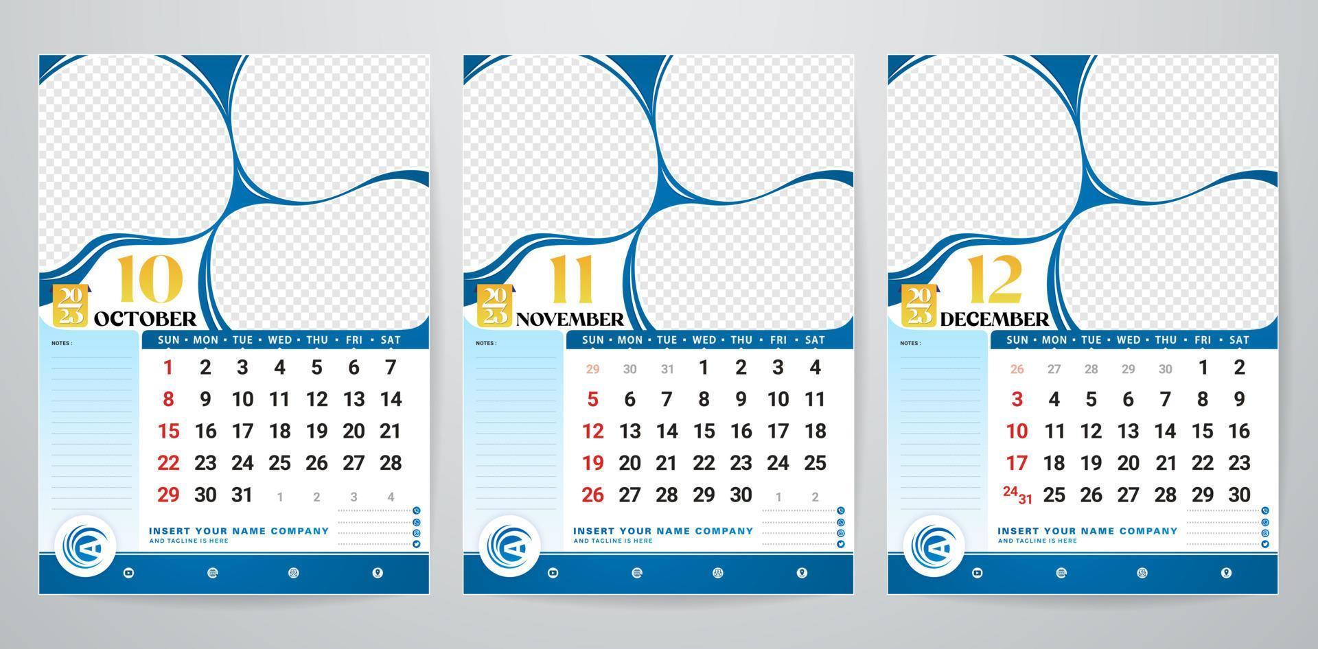vektorillustration des kalenders 2023 oktober november dezember set für büroplaner, corporate design planervorlage. Veranstaltungskalenderkonzepte, minimaler Projektkatalog, druckfertiges Papier vektor