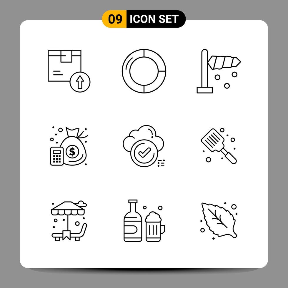 9 svart ikon packa översikt symboler tecken för mottaglig mönster på vit bakgrund. 9 ikoner uppsättning. vektor