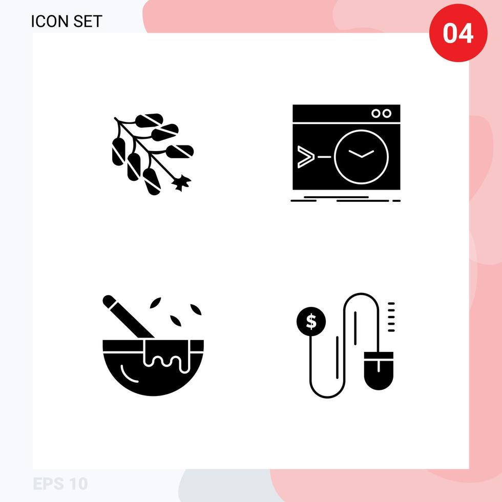 Gruppe von 4 modernen soliden Glyphen, die für Feuerwerk kochende Kracherwurzel-Küchengeschirr gesetzt werden, editierbare Vektordesign-Elemente vektor