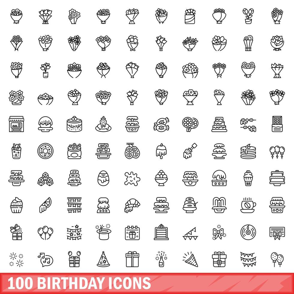 100 födelsedag ikoner set, kontur stil vektor