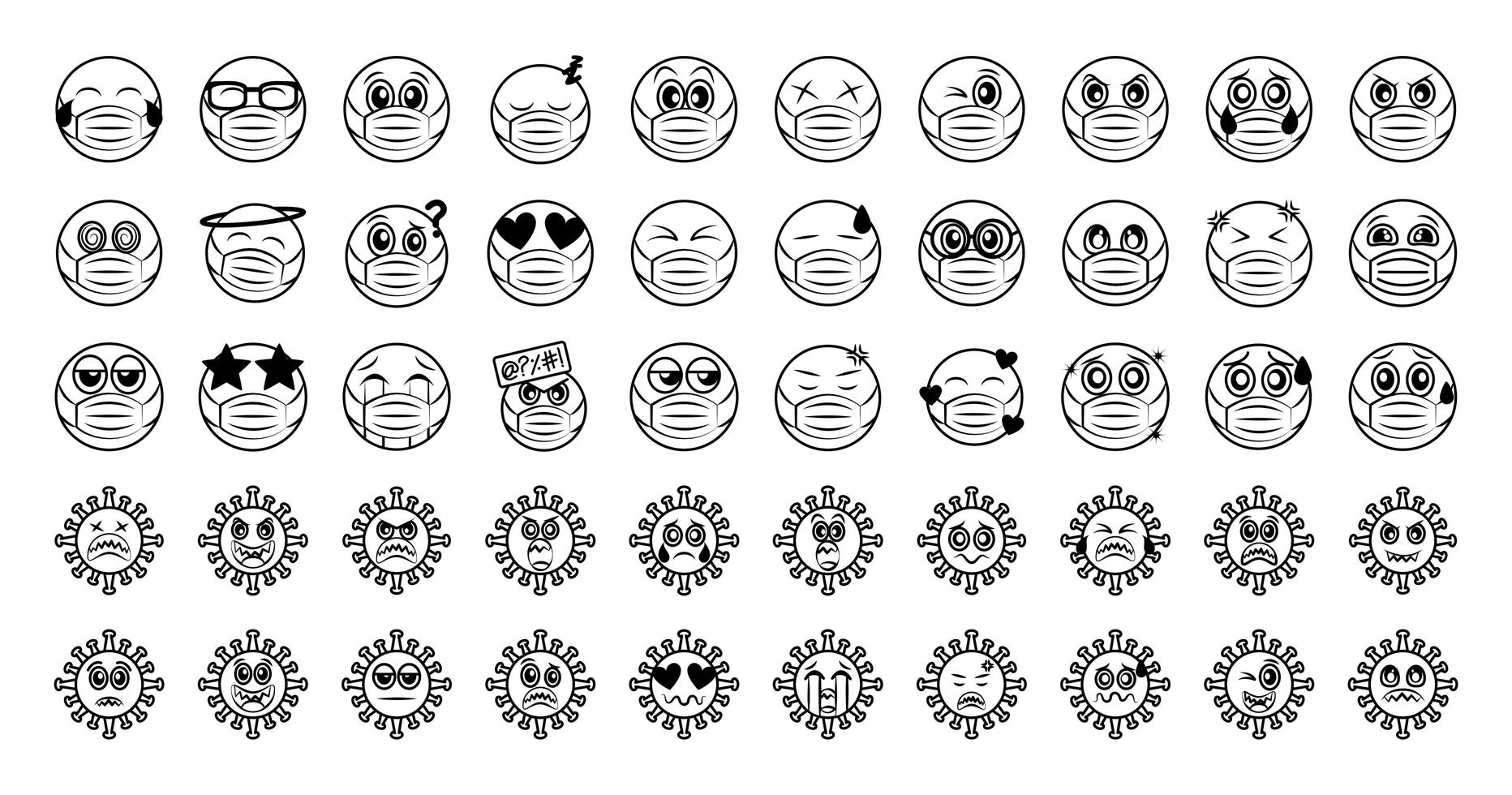 emoticon med ansiktsmask och coronavirus ikonuppsättning vektor