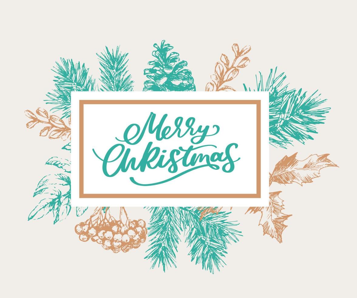 Frohe Weihnachten und ein gutes neues Jahr abstrakte botanische Karte mit quadratischem Rahmenbanner und moderner Typografie. grußlayout in grünen und rosa pastellfarben. isoliert. vektor