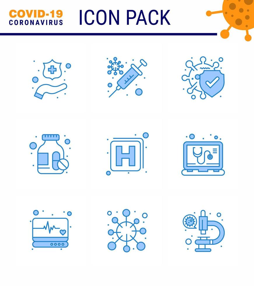 9 blaue Virus-Corona-Icon-Packs wie Check-Medizin-Krankheit-Krankenhaus-Medizin-Flasche Virus-Coronavirus 2019nov-Krankheitsvektor-Designelemente vektor