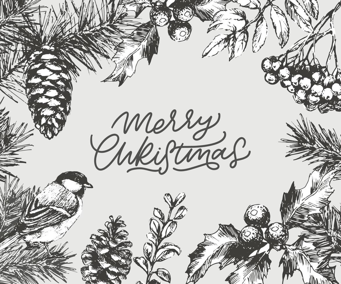 Frohe Weihnachten und ein gutes neues Jahr abstrakte botanische Karte mit quadratischem Rahmenbanner und moderner Typografie. grußlayout in grünen und rosa pastellfarben. isoliert. vektor