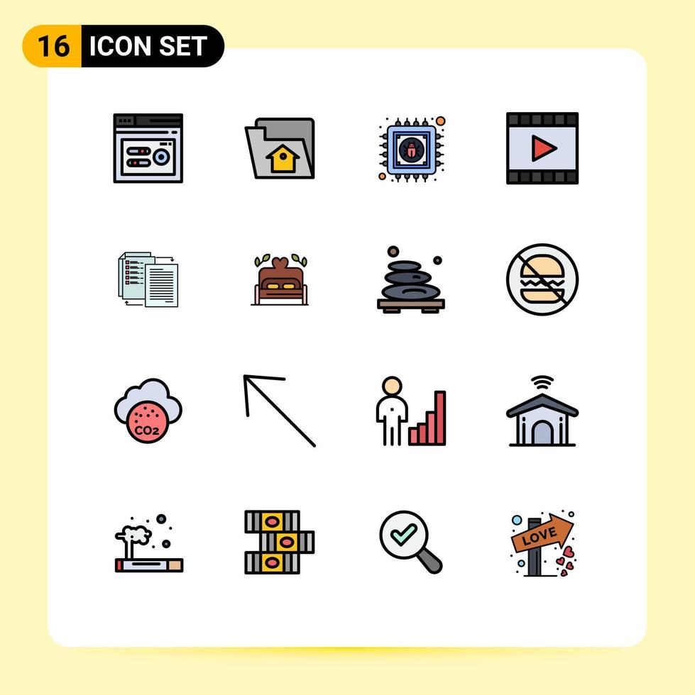 satz von 16 kommerziellen flachen farbgefüllten linienpaketen für file player antivirus multimedia media editierbare kreative vektordesignelemente vektor