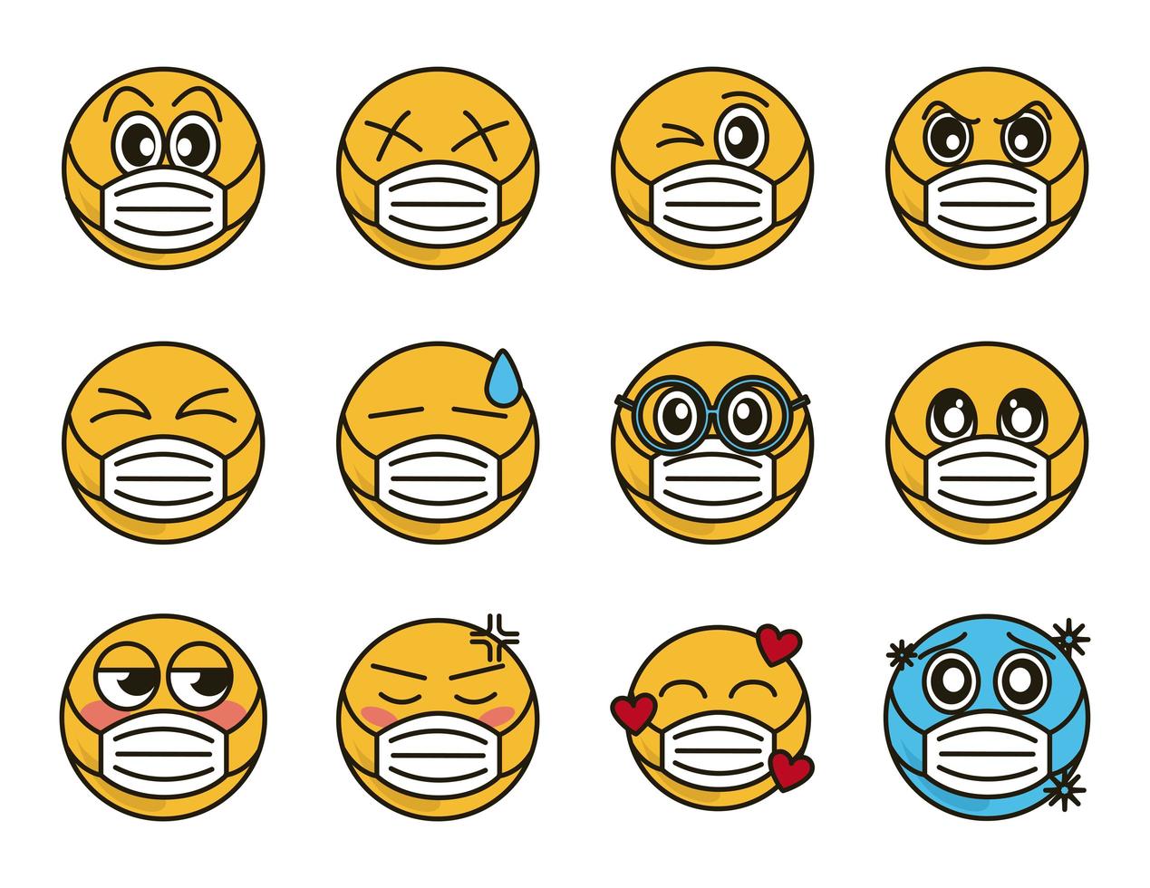 Emoticon mit Gesichtsmasken-Symbolsatz vektor