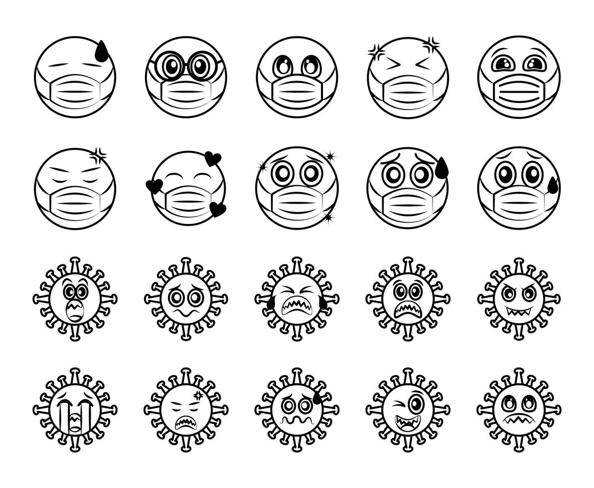 emoticon med ansiktsmask och coronavirus ikonuppsättning vektor