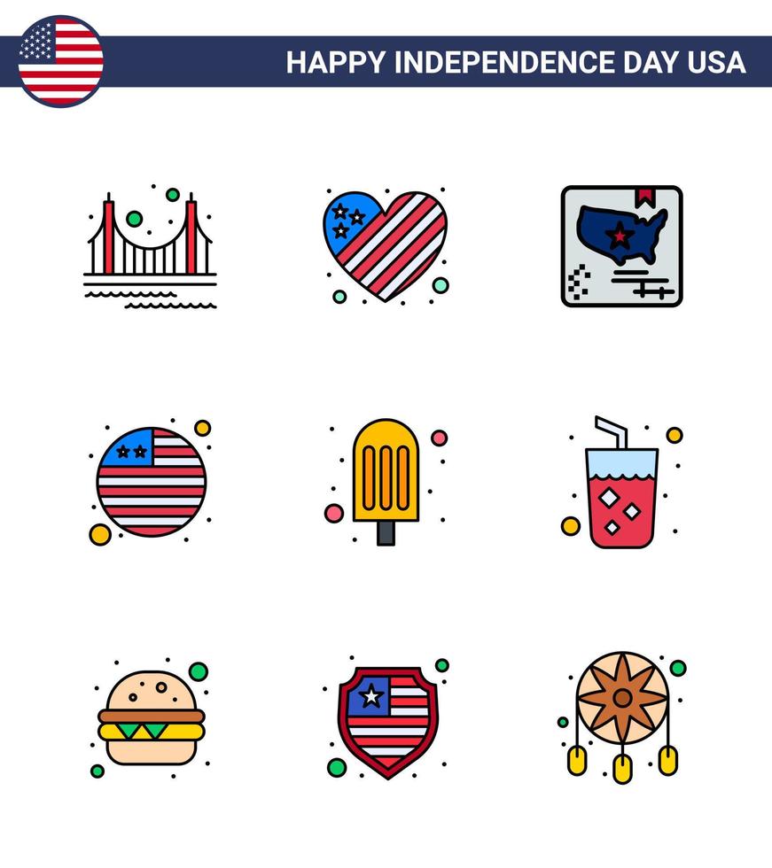 packa av 9 USA oberoende dag firande platt fylld rader tecken och 4:e juli symboler sådan som mat internationell flagga kärlek flagga värld redigerbar USA dag vektor design element