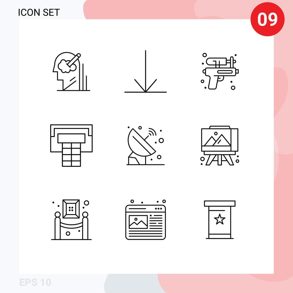 Mobile Interface Outline Set von 9 Piktogrammen von Space Orbit Wasserpistole Astronomie Sport editierbare Vektordesign-Elemente vektor