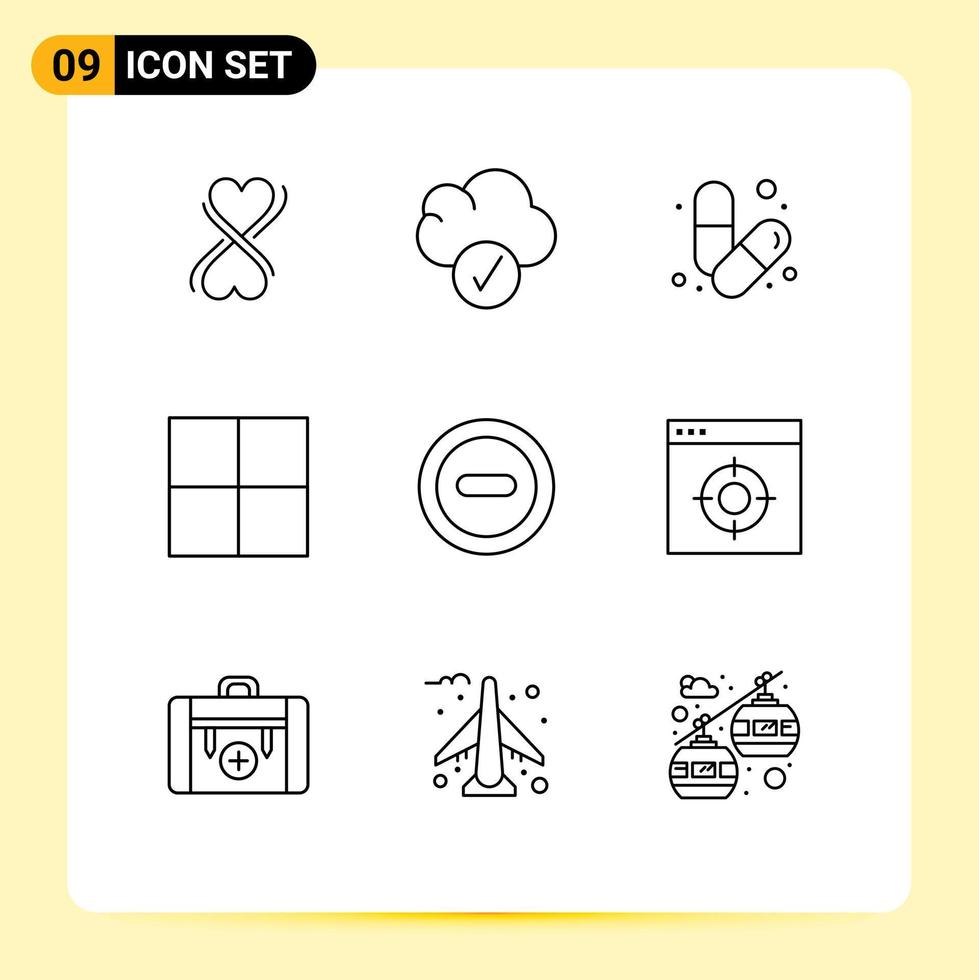 Stock-Vektor-Icon-Pack mit 9 Zeilenzeichen und Symbolen für die medizinische Gesundheit entfernen minus Wireframe-editierbare Vektordesign-Elemente vektor